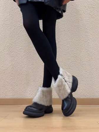 Casual Women's Fuzzy Patchwork Contrast Color Round Toe Low-Top Asymmetric Heel Sneakers With Side Zipper, Edgy Style Street Fashion Shoes For Autumn/Winter, Versatile Wear