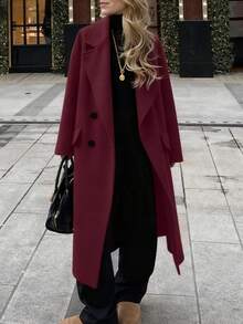 Women's Long Sleeve Solid Color Pocket Trench Coat, Double-Breasted Coat, Country Style For Women, Fall Winter For Women, Halloween Costumes, Christmas Women's , Saudi National Day, Going Out - Burgundy - View 6