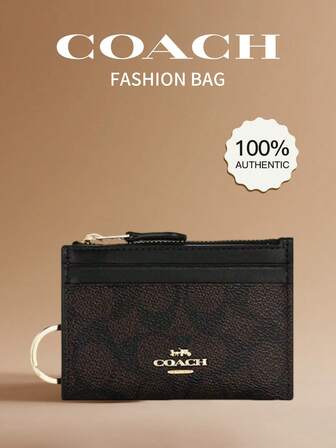 Coach Slim Rfid Blocking Credit ID Card Holder With Clear ID Window Leather Front Pocket Wallet For Women Zip Mini Credit Card Case Wallet With Keychain