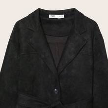 Women's Fashionable Casual Suedette Brown Trench Coat, With Collar, Long Sleeves And Practical Pockets, Creates A Stylish Look, Suitable For Halloween - Black - View 7