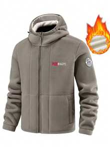 معطف شتوي مبطن بقلنسوة للرجال، مطرز على الصدر وبشعار على الذراع، تصميم متعدد الجيوب، مناسب للتنزه والملابس الخارجية - كاكي - مشاهدة 8