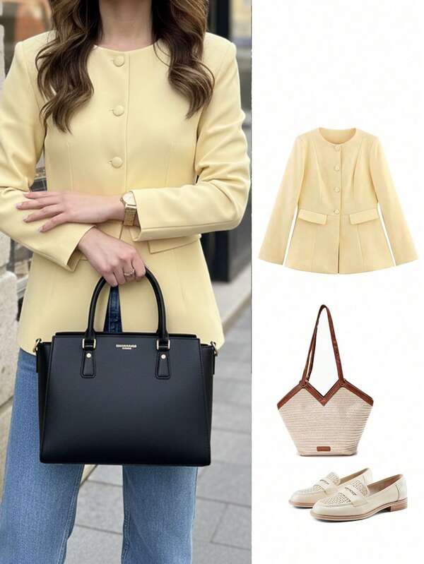 Women's Fashionable Elegant Minimalist Round Neck Long Sleeve Button Front Casual Jacket, Autumn