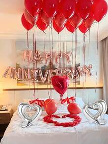 51pcs/Set Silver Anniversary Curly Heart Balloon Set, Happy Anniversary Banner & Heart Balloons, Suitable For Romantic Theme, Valentine's Day Party Decor, Birthday, Wedding, Proposal, Anniversary, Valentine's Day Props, Indoor Party Decorations - Multicolor - View 4