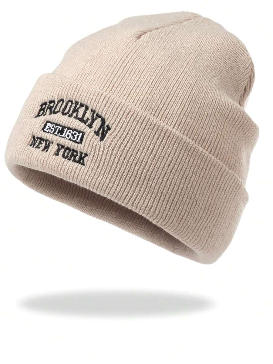 1pc Women's Brooklyn Print Detail Fashionable Knit Hat, Autumn/Winter - Bucket Hat - View 1