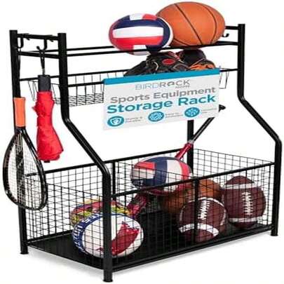 Sports Equipment Organizer For Garage And Indoor/Outdoor - Wide Bin Basket, 4 Hooks, Hockey Stick Cage, Ideal For Baseball, Tennis, Football, Gym Gear, Kids Toys