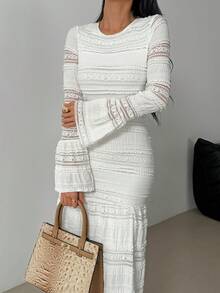 Women's Elegant Ruffle Trim Flare Sleeve Dress, Suitable For Wedding, Office, Daily Wear, Autumn