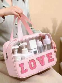 Transparent PU/PVC Toiletry Bag,Waterproof Travel Toiletry Bag,DIY Letter Design Cosmetic Bag, Zipper Waterproof Makeup Storage Bag,Cosmetic Organizer Bag, Portable Cosmetic Travel Bag,With Handy Handle,For Travel Toiletries Accessories,Travel Essentials, Cruise Essentials - Multicolor - View 2