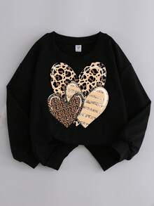 青少年女孩卡通心形印花运动衫 圆领运动衫 女童休闲舒适秋冬时尚服装可爱衣服 - 黑色 - 查看 2