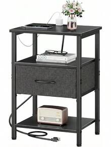 Mesita de Noche, Buró para Recamara, Vintage con Estación de Carga, 3 Niveles de Almacenamiento, 1 Cajones, Puertos USB y Tomas de Corriente - Buró Multifuncional para Dormitorio y Sala de Estar - Negro - Ver 9