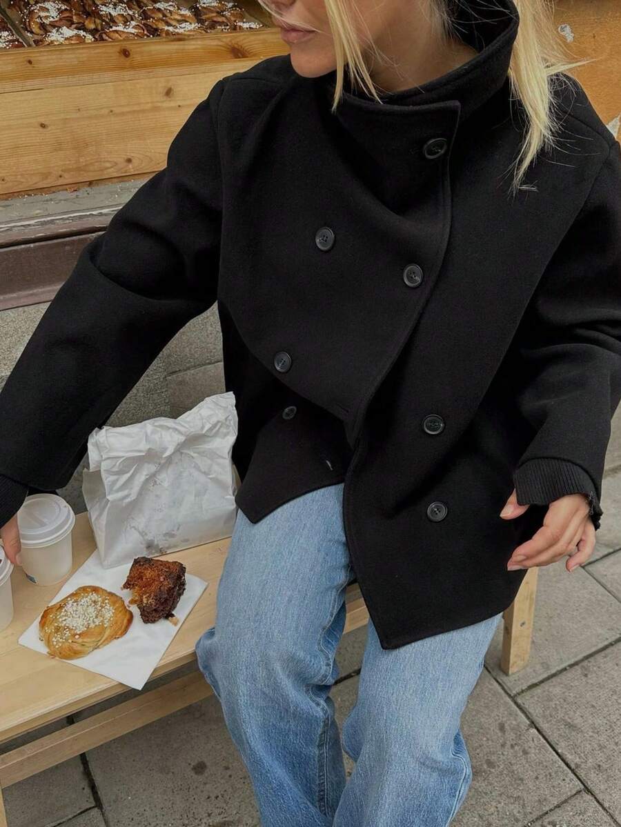 女款新款純色復古雙排扣高領大衣,秋冬通勤夾克 - 黑色 - 查看 1