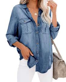 Womens Button Down Denim Shirt Long Sleeve Roll Up Casual Oversized Jean Shirt Jacket Distressed Tunic Tops - 淺藍色 - 查看 2