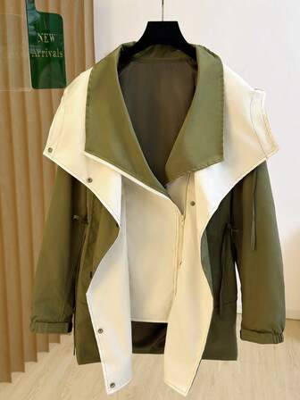 Chaqueta de mujer para otoño/invierno, diseño con capucha de solapa grande y estilo patchwork, cintura con cordón, capa exterior de alta calidad, elegante y versátil