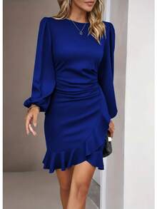 Women Long Sleeve Crew Neck Front Ruffled Imported Crepe Dress , 19117 - Royal Blue - View 1