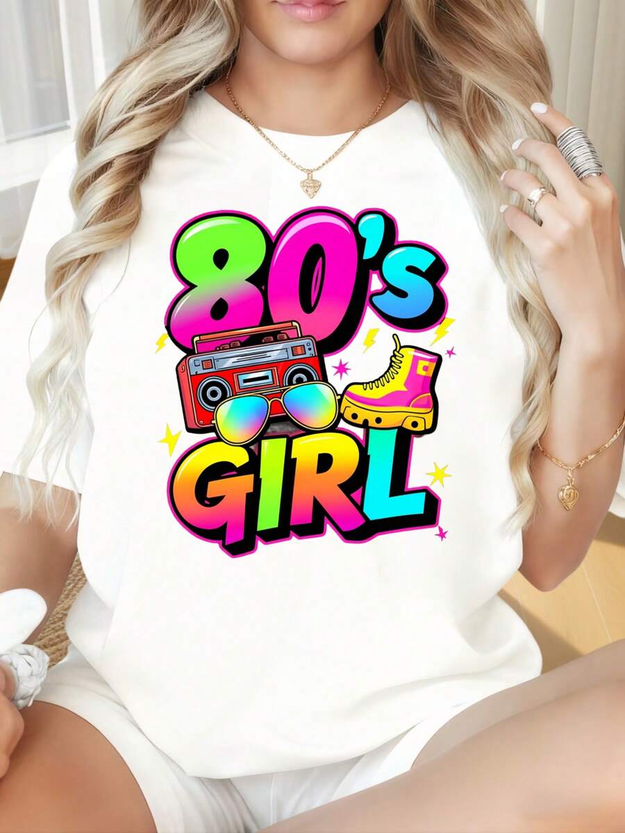 80s Girl Retro T Shirt Neon Colorful Design With Boombox Sunglasses And Boots 1980s Theme Fashion Tee For WomenWomen's T-Shirts With Round Neck And Short Sleeves Have Interesting Printed Patterns, Which Are Suitable For Christmas Partiessports Activitiesholiday Partiesoutingssports And Other Holiday Gifts. - 白色 - 查看 1