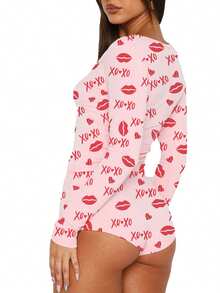 Women's Valentine's Day XOXO Lip  Heart Print Pajama Set - Long Sleeve Cropped Top With Shorts - Flirty Festive Loungewear - 粉色 - 查看 7