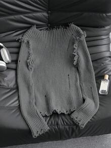 女式休闲不对称做旧针织毛衣，复古风格，长袖，百搭修身，秋冬 - 灰色 - 查看 8