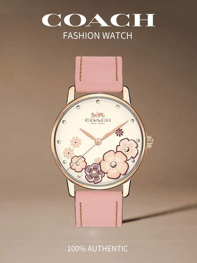 Coach ピンクレザーストラップ クォーツ時計 レディース、カメリアパターンダイヤル ゴールドケース、エレガントでしなやかな婦人用腕時計、14503009