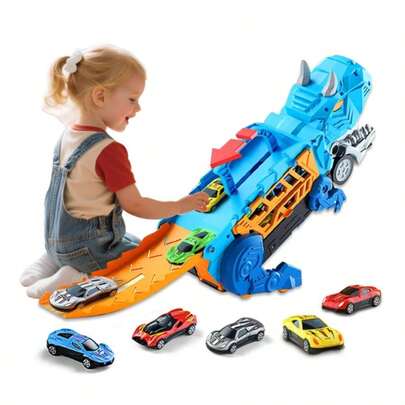 Dinosaurielastbilsleksaksserie, designad för barn och småbarn, inkluderar 1 dinosaurietransportbil och 6 racerbilsleksaker, dinosaurielastbilen kan kasta ut bilar från munnen, lämplig för småbarn i åldrarna 3-6 år, utmärkt födelsedags-/jul-/skolastartpresent för pojkar och flickor i åldrarna 3-6 år.