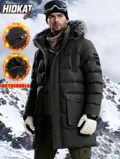 Hidkat Men's Hooded With Fur Collar Detachable, Zipper Mid-Length,With Pockets Padded Jacket Padded Jacket Vintage Vacation Casual Outfits Classical Old Money Trip Winter Essential Winter Clothes Sport Outdoor Hiking Skiing Boyfriend