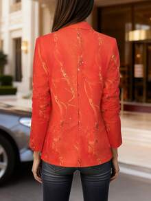 HOMEYEE Printed Long Sleeve Blazer Collar Casual Elegant Business Office OL Vacation Top - Orange - View 2