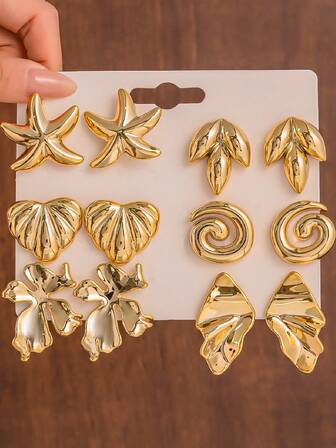 2-12件套时尚波西米亚风耳环，款式包括海星、树叶、心形、花朵和不对称几何图案，适合女性日常佩戴，也适合派对、约会、海滩度假和旅行等场合。