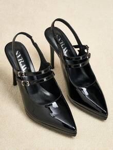 SVRM Women's High Heel Pointed Toe Faux Patent Leather Metal Buckle Elastic Back Strap Mary Jane Pumps, Elegant Office & Commute Shoes - Black - View 6