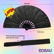 2 PCS Large Glitter Rave Fan Folding Hand Fans For Line Dancing Portable Handheld Clack Fan For Festival EDM Party Music Outfit Accessories (Glitter Black, White) - mặc định - Xem 2