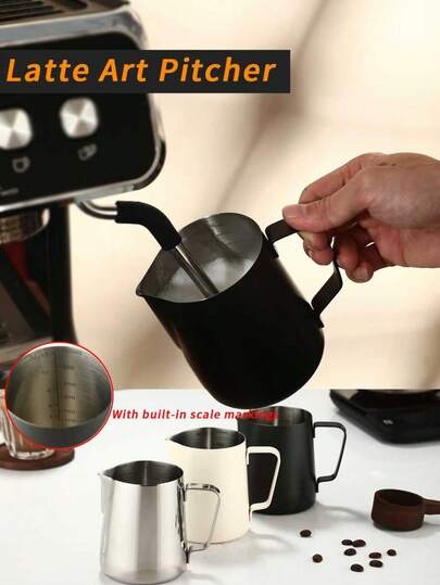 Black/White/Original 304 Stainless Steel Latte Art Pitcher With Scale, Milk Frothing Pitcher/Jug, With Latte Art Pen, Barista Cappuccino Latte Art Milk Pitcher, Espresso Bar Accessories Tool, 12oz (350ml) / 20oz (600ml)