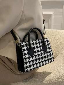 1 Piece Fashion Thousand Bird Check Handbag Square Bag Zipper Opening Shoulder Strap Adjustable Crossbody Bag Suitable For Women's Daily Casual Use - Black - View 10