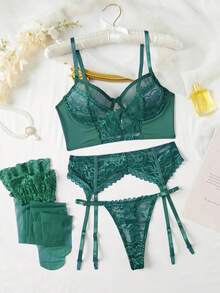 4-Piece Sexy Series Hollowed Out Straps Lace Bow Ladies Sexy Underwear Set,Christmas Lingerie,Christmas Lingerie Women,Lingerie For Women,Lencería Erótica De Mujer,Lingerie Set,Christmas Outfit Women,Lingerie For Women Roleplay,Lingerie For Women>Costume,Sexy Lingerie - Màu xanh lá cây đậm - Xem 1