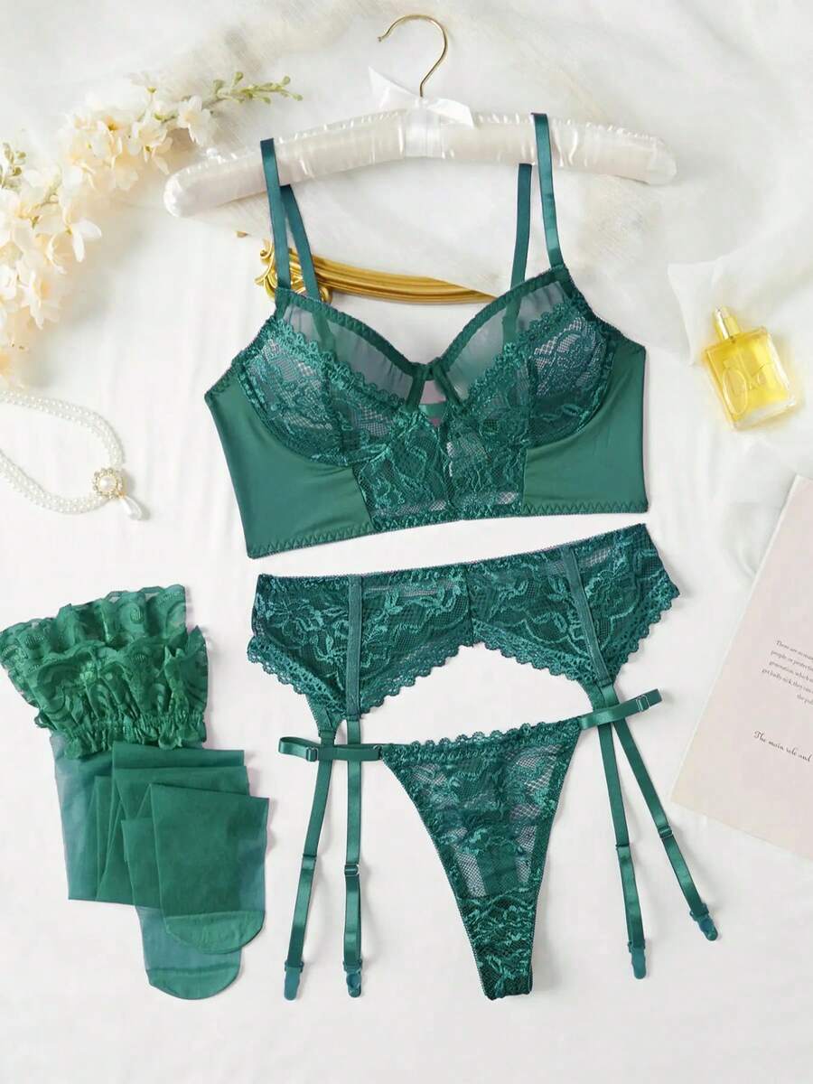 4-Piece Sexy Series Hollowed Out Straps Lace Bow Ladies Sexy Underwear Set,Christmas Lingerie,Christmas Lingerie Women,Lingerie For Women,Lencería Erótica De Mujer,Lingerie Set,Christmas Outfit Women,Lingerie For Women Roleplay,Lingerie For Women>Costume,Sexy Lingerie - Màu xanh lá cây đậm - Xem 1