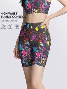 1pc Colorful Graffiti Print Women Sports Shorts, High Elastic Quick Dry Breathable Running Workout 5-Inch Shorts, High Waist Lifting Tummy Control Yoga Shorts, Stretchy Compression Waist Cycling Shorts For Spring/Summer/Autumn, Suitable For Running, Workout, Pilates, Outdoor Cycling, Casual Daily Wear - Multicolor - View 10