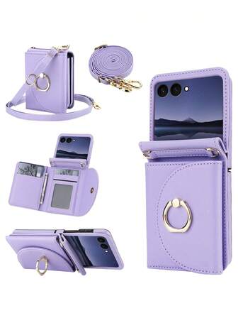  AWQUER Crossbody PU Faux Leather Wallet Case Suitable For Galaxy Z Flip 7 6 5 4 3 5G, Card Holder Slots Mobile Phone Bag With Finger Ring Holder Suitable For Galaxy ZFlip7 ZFlip6 ZFlip5 ZFlip4 ZFlip3 Kickstand Phone Case RFID Blocking Cover