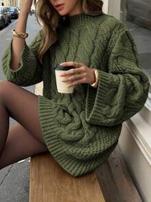 Just Masa Women's Casual Sweater, Green Linen Pattern, Round Neck Loose Long Sleeve Knit Pullover, Winter - Army Green - View 1