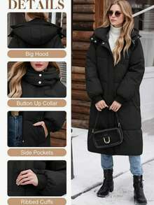 Women's Casual Solid Color Hooded Jacket With Pockets, Thick For Autumn/Winter - Black - View 7