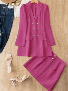 Women's Fashion Casual Solid Color Personalized Puff Sleeve Double Breasted Blazer Jacket And Elegant Mini Skirt 2 Pieces Suit For Formal, Party, Work Commute, Spring/Summer/Autumn - Hot Pink - View 3