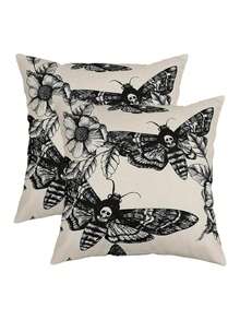 1/2/4Pcs Gothic Skull & Moth Throw Pillow Covers, Boho Chic Square Cushion Cases For Bedroom Decor, Machine Washable With Zipper Closure, Line, 17.7x17.7inch Without Pillow,Fall Decor,Autumn Decor,Room Decor