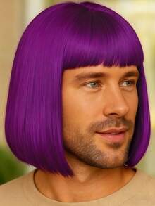 12 Inch Purple Fashionable Men's Air Bangs Wig, High Density Heat-Resistant Synthetic Wig, Comfortable Wear, Suitable For All Men's Parties, Balls And Cosplay