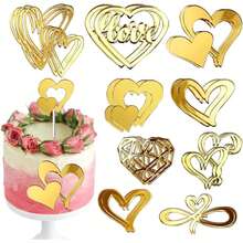 9/18 Stücke einzeln verpackte minimalistische Herz Kuchendekoration aus Acryl, goldene Hochzeitstortenaufsätze, Kuchendekoration für Valentinstag, Jahrestag, Verlobung, Geburtstag Party Zubehör - Gold - Übersicht 3