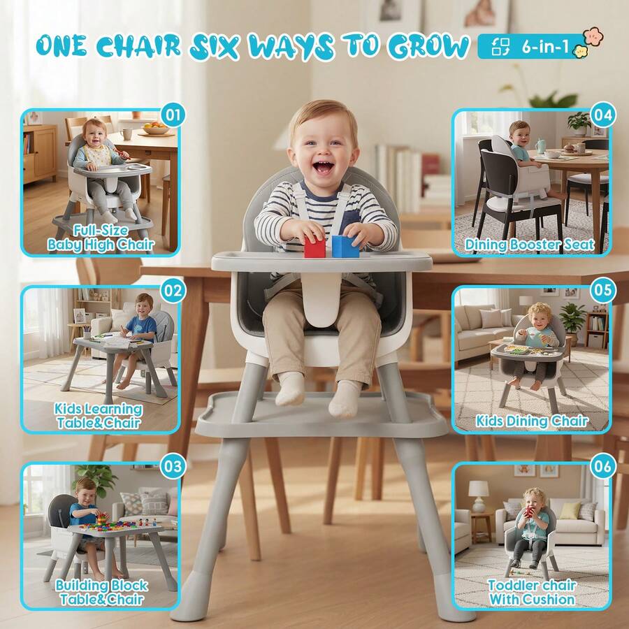 6 In 1 Baby High Chair Convertible Highchair For Babies And Toddlers Booster Seat For Kitchen Chair - Grey - View 1