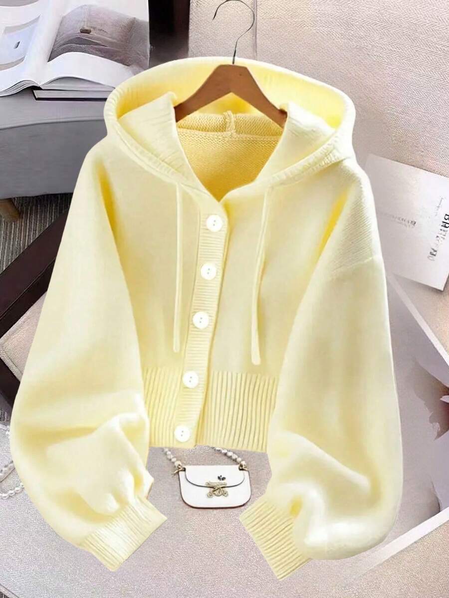 Women's Solid Color Single-Breasted Long Sleeve Hooded Knit Cardigan - Yellow - View 1