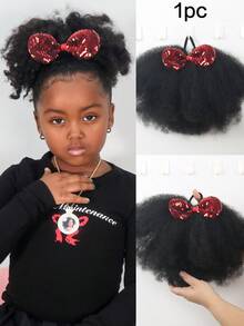 1pc Of African Small Curls Hair With Shiny Bow And Ponytail Wig For Children - Black - View 8