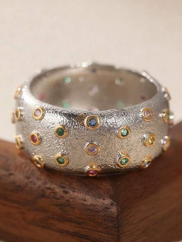 1pc Elegant Wide Band Ring For Women Sparkling Zirconia Accents For Daily Wear Parties, Luxury Jewelry Accessory Elegant Ring Design