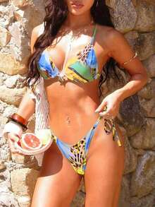 Summer Vacation Random Leopard & Flower Print Metal Starfish Decor Halter Top & High Cut Bottom Bikini Set, Beach Vacation 2pcs/Set - Leopard - View 3