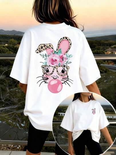 1pc Girls Printed Short Sleeve T-Shirt, Pink, Student & Young Casual Comfortable Fashion Summer Top For Girls