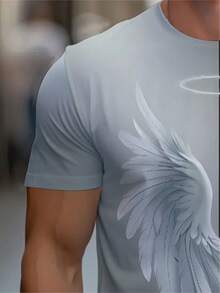 Men's Color-Block Angel Wings Pattern T-Shirt - Half Black Half White Contrast Design, Casual Regular Fit Crew Neck Top, Machine Washable Bold Fashion Statement Shirt, Digital Print Street Style, Soft Material, Exclusive For Streetwear Enthusiasts - 混合色 - 查看 5