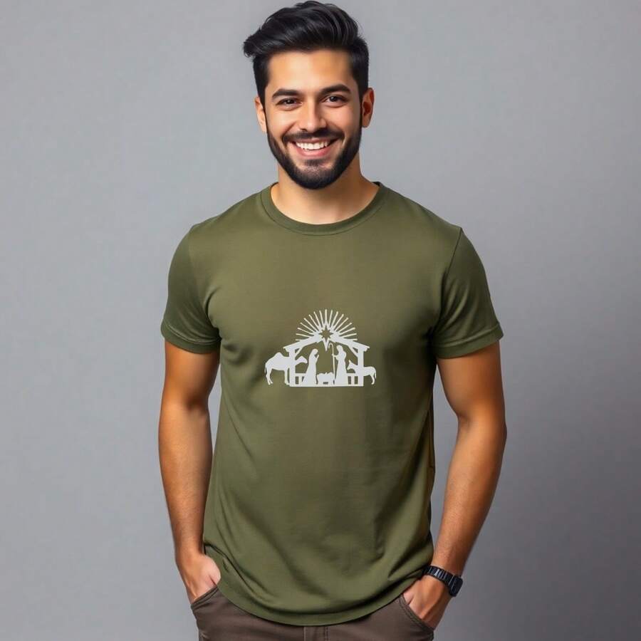 Christmas T-Shirt With Jesus Print, 100% Cotton. - 軍綠色 - 查看 1