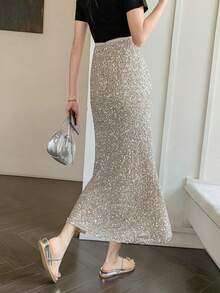 女士休闲优雅亮片拼接鱼尾裙，适合晚宴、约会、度假、日常穿着、办公等场合，春夏款 - 杏色 - 查看 5