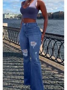 TodTan Women Ripped Flared Jeans High Waisted Bell Bottom Jeans Destroyed Denim Pants - 藍d - 查看 9