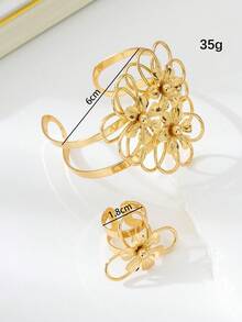 1 Set Minimalist Versatile Geometric Hollow Double-Layer Line Bracelet & Ring Jewelry Set, Gift For Women - Yellow Gold - View 4